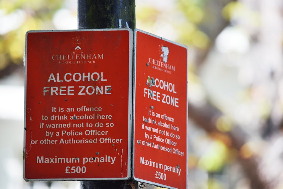 A close-up photograph of two rectangular red metal signs attached to a dark green metal pole in an outdoor setting. The signs display white text indicating a designated alcohol-free zone in Cheltenham
